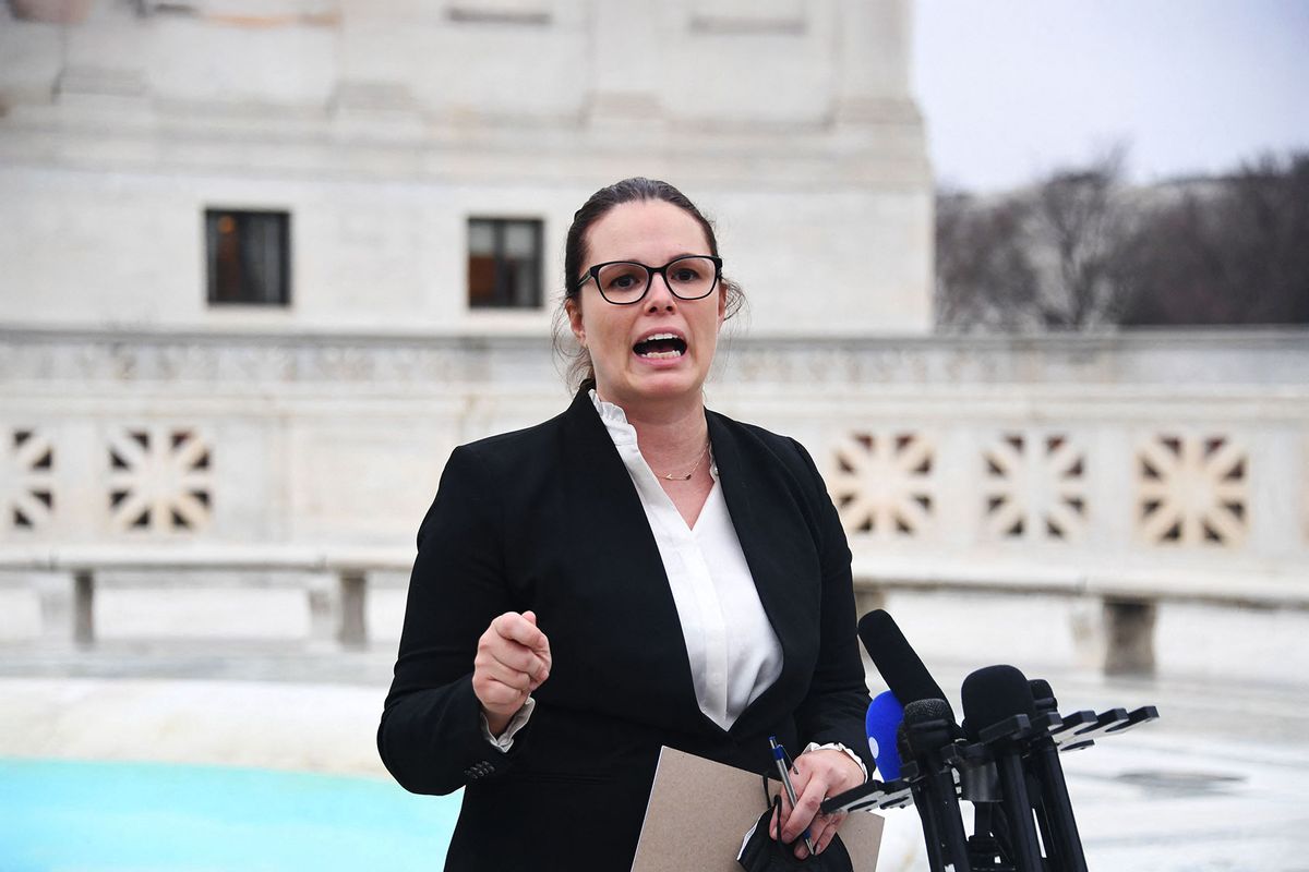 Attorney Allison Riggs, with the Southern Coalition for Social Justice, speaks to the press in front of the US Supreme Court in Washington, DC, on December 7, 2022, after presenting her argument before the court in Moore v. Harper. (OLIVIER DOULIERY/AFP via Getty Images)