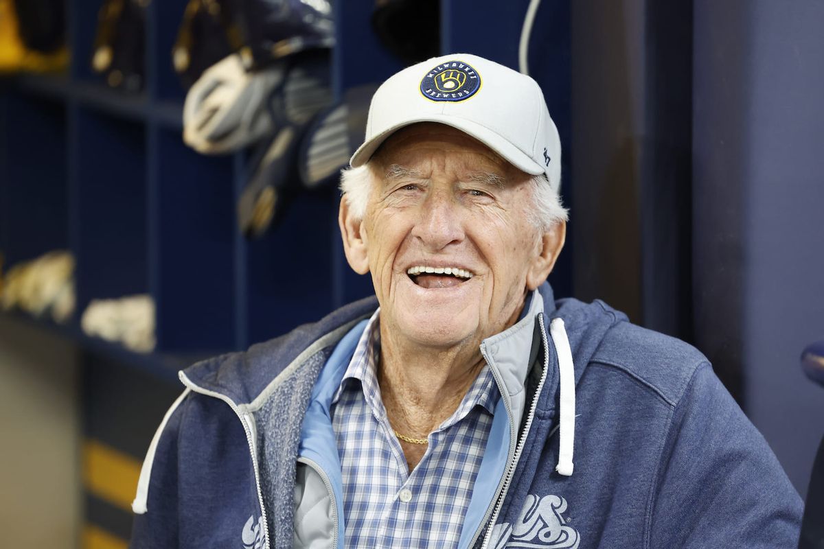 Milwaukee Brewers play-by-play announcer Bob Uecker stands in the dugout prior to the game between the New York Mets and the Milwaukee Brewers at American Family Field on Monday, April 3, 2023 in Milwaukee, Wisconsin. ( (Photo by Jeffrey Phelps/MLB Photos via Getty Images)