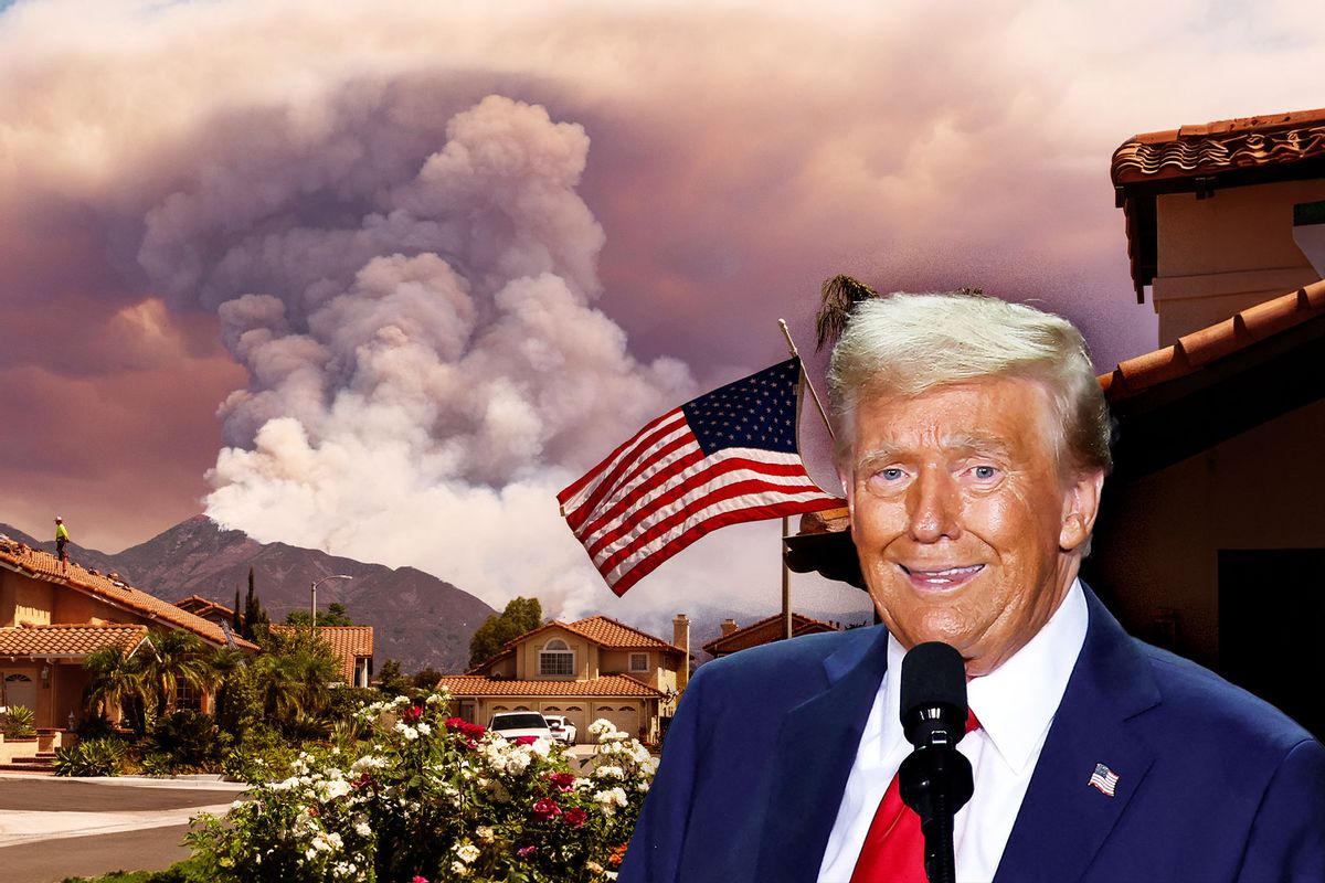 Donald Trump. Heavy smoke rises from a wildfire burning in a mountain near a residential area on September 10, 2024 in Irvine, California. (Qian Weizhong/VCG via Getty Images)