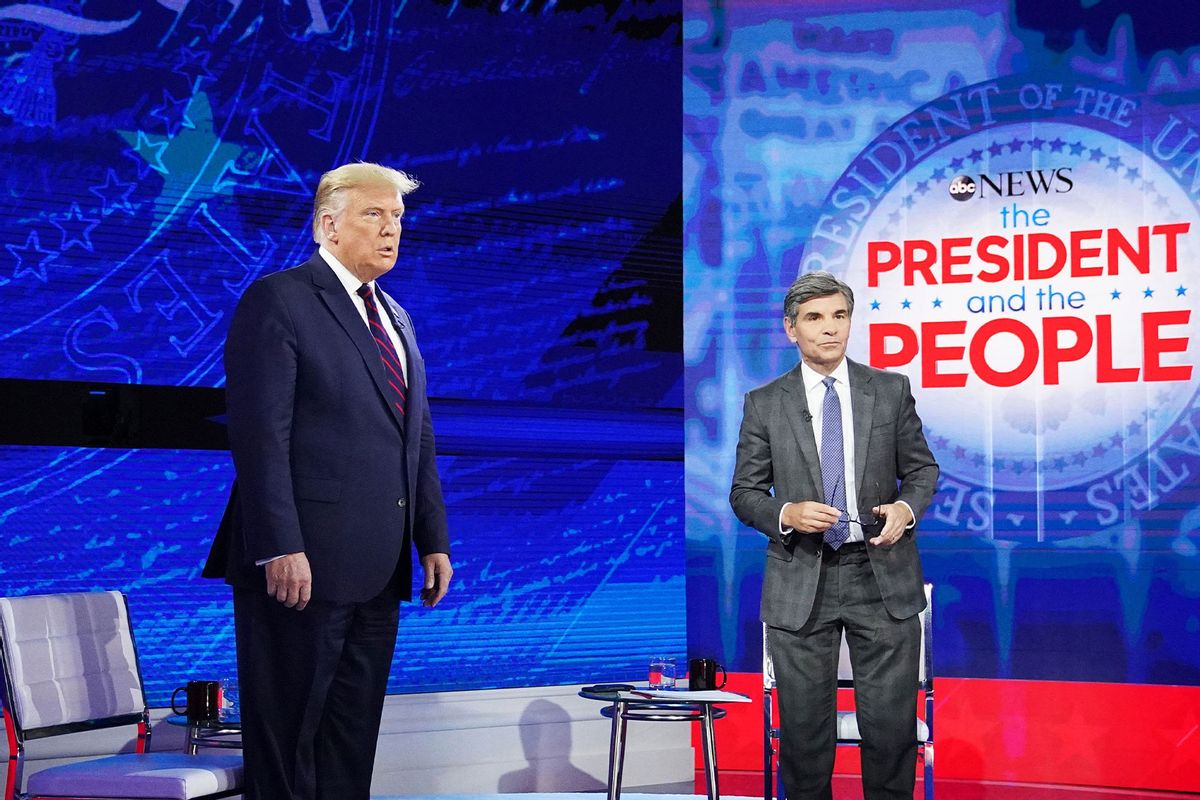 US President Donald Trump poses with ABC New anchor George Stephanopoulos ahead of a town hall event at the National Constitution Center in Philadelphia, Pennsylvania on September 15, 2020. (MANDEL NGAN/AFP via Getty Images)