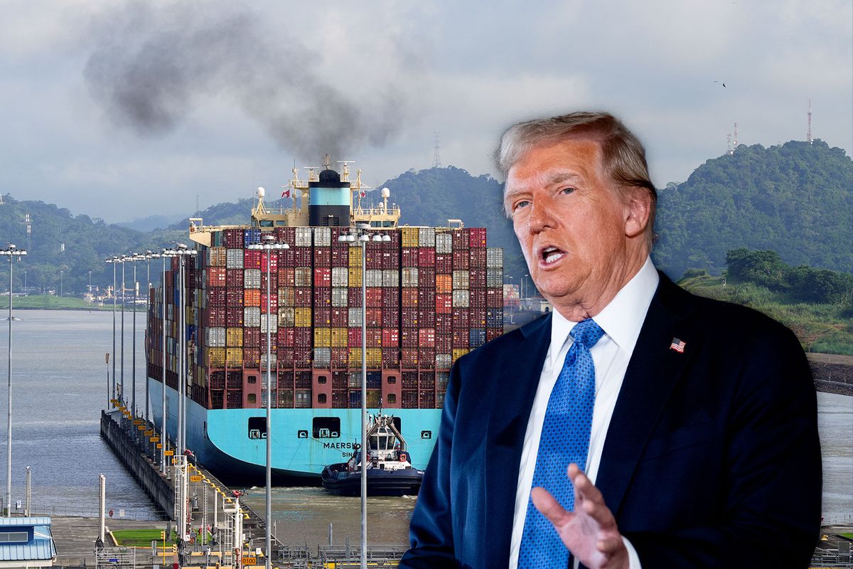 Donald Trump, and a cargo ship and tugboat sail through the Cocoli Locks at the Panama Canal. (Photo illustration by Salon/Getty Images)