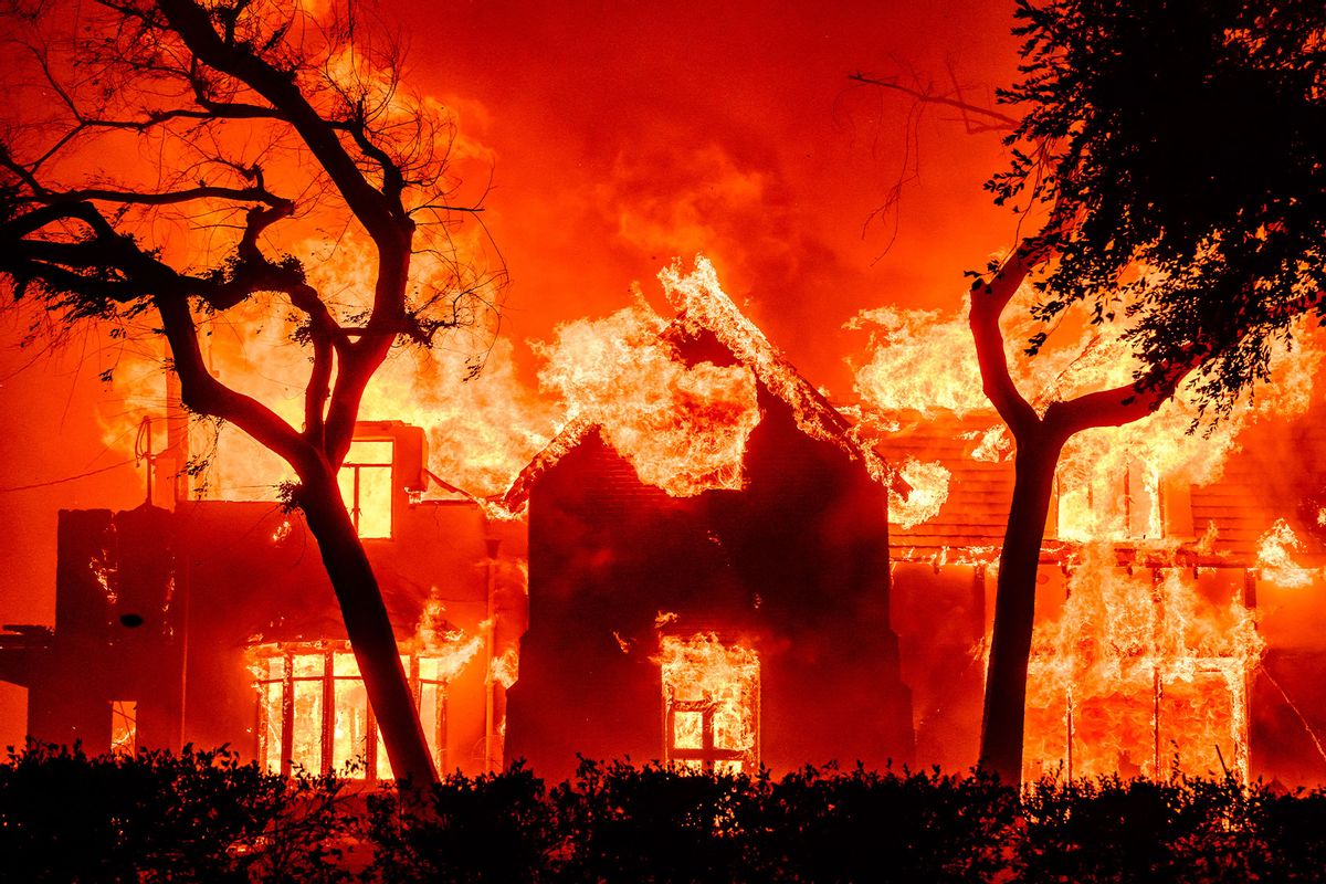 A home is engulfed in flames during the Eaton fire in the Altadena area of Los Angeles County, California on January 8, 2025. (JOSH EDELSON/AFP via Getty Images)