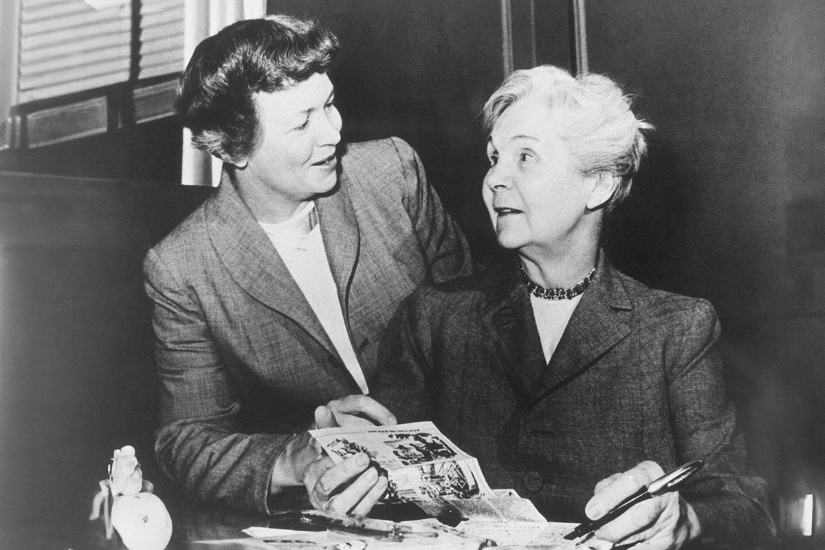 Irma S. Rombauer (left) and her daughter, Marion Rombauer Becker, confer on their famous publication, The Joy of Cooking. Irma produced the first version in 1931 and later brought her daughter into the business. (Getty Images/Bettmann)