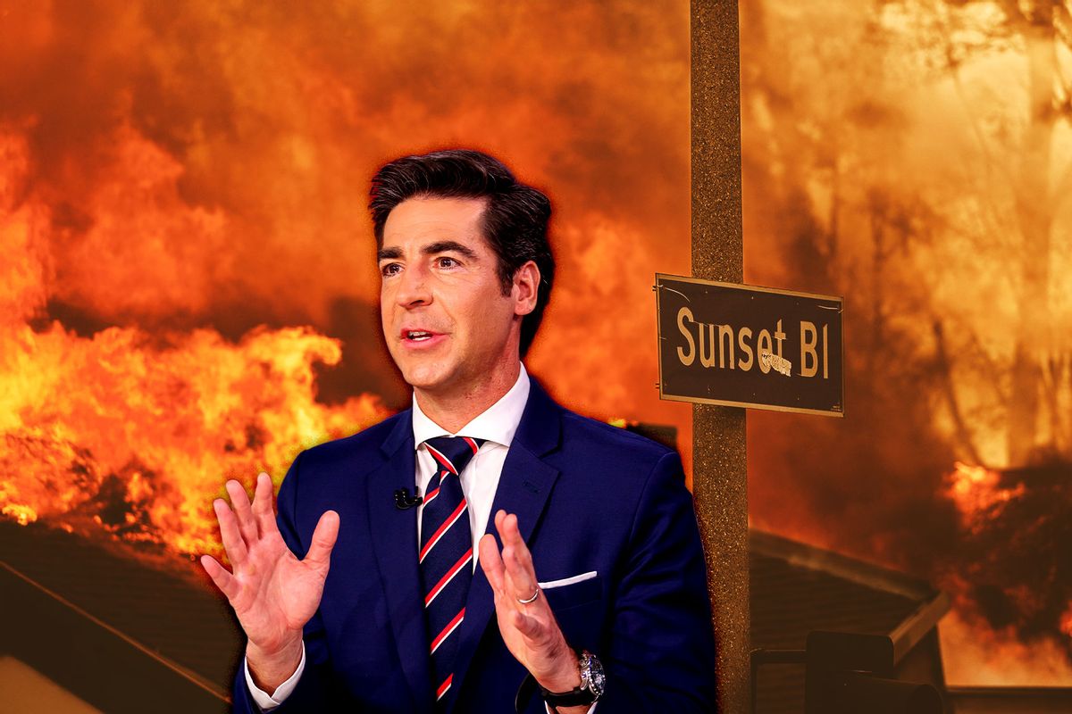 Jesse Watters and a view of a Sunset Boulevard sign during the Palisades Fire. (Photo illustration by Salon/Getty Images)