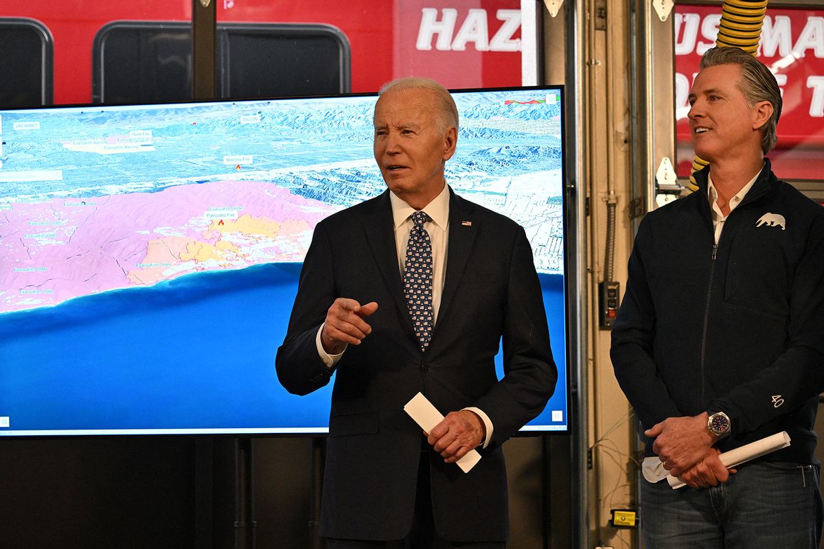 US President Joe Biden (L) with California Governor Gavin Newsom, speaks during a briefing from CalFire officials on the Palisades wildfire at Santa Monica Fire Station #5 in California on January 8, 2025. (ROBERTO SCHMIDT/AFP via Getty Images)