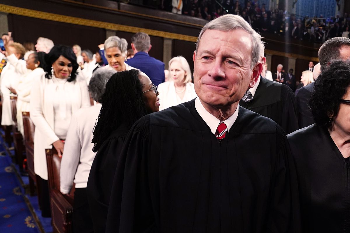 U.S. Supreme Court Chief Justice John Roberts stands on the House floor ahead of the annual State of the Union address by U.S. President Joe Biden before a joint session of Congress at the Capital building on March 7, 2024 in Washington, DC. (Shawn Thew-Pool/Getty Images)