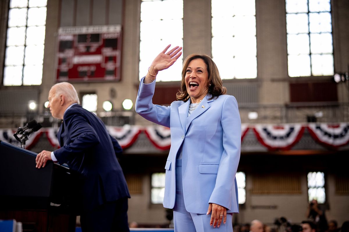 U.S. President Joe Biden and U.S. Vice President Kamala Harris stand on stage at the conclusion of a campaign rally at Girard College on May 29, 2024 in Philadelphia, Pennsylvania. (Andrew Harnik/Getty Images)