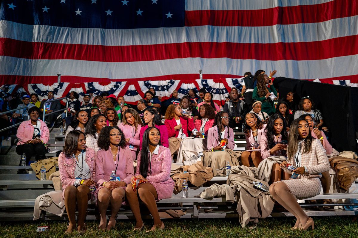 Women with Alpha Kappa Alpha Sorority Inc. sit together ahead of an election night event held by Democratic presidential nominee, U.S. Vice President Kamala Harris at Howard University on November 05, 2024 in Washington, DC. (Brandon Bell/Getty Images)