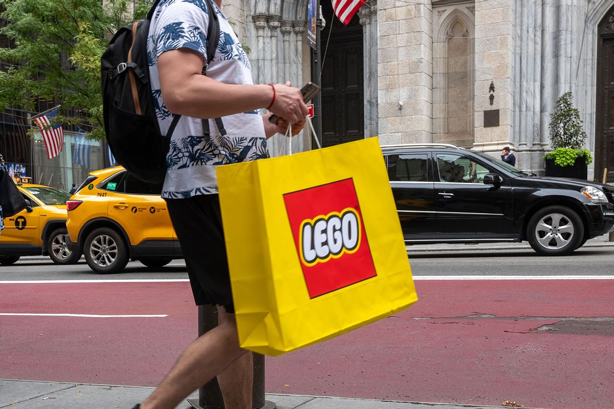 People depart a Lego store in Manhattan on August 29, 2024 in New York City. (Spencer Platt/Getty Images)