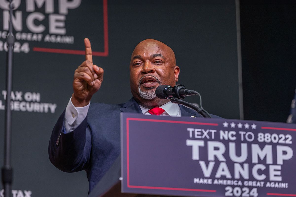 Mark Robinson, Lieutenant Governor of North Carolina and candidate for Governor, delivers remarks prior to Republican presidential nominee former President Donald Trump speaking at a campaign event at Harrah's Cherokee Center on August 14, 2024 in Asheville, North Carolina. (Grant Baldwin/Getty Images)