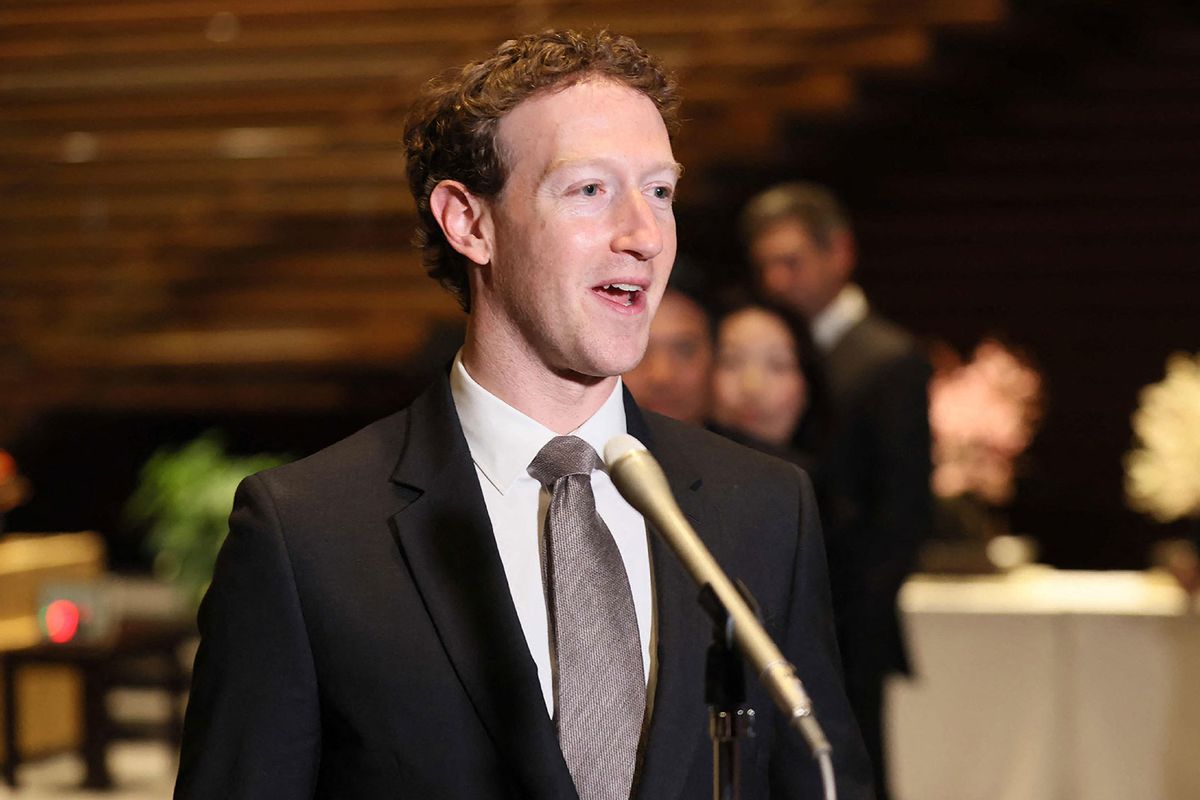 Mark Zuckerberg, head of US tech giant Meta, speaking to reporters at the Japanese prime minister's office during his visit to Tokyo. (STR/JIJI Press/AFP via Getty Images)