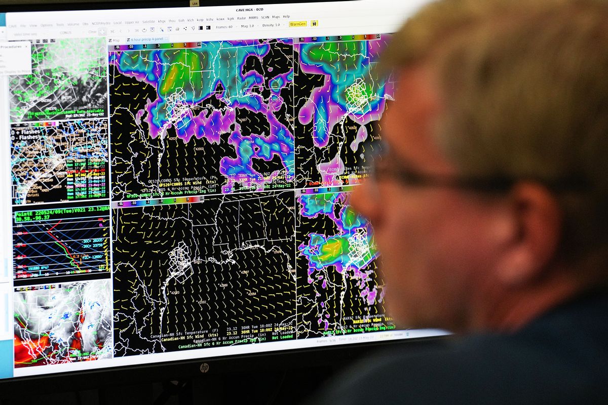 Meteorologist Brian Kyle monitors the area weather at the National Weather Service offices Monday, May 23, 2022 in Dickinson. (Brett Coomer/Houston Chronicle via Getty Images)