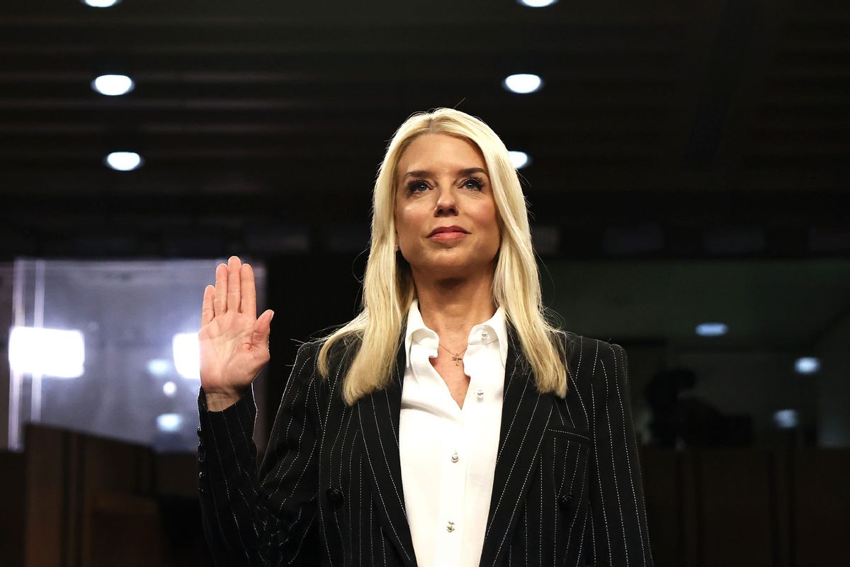 Former Florida Attorney General Pam Bondi is sworn in to testify before the Senate Judiciary Committee during her confirmation hearing for U.S. Attorney General in the Hart Senate Office Building on Capitol Hill on January 15, 2025 in Washington, DC. (Chip Somodevilla/Getty Images)