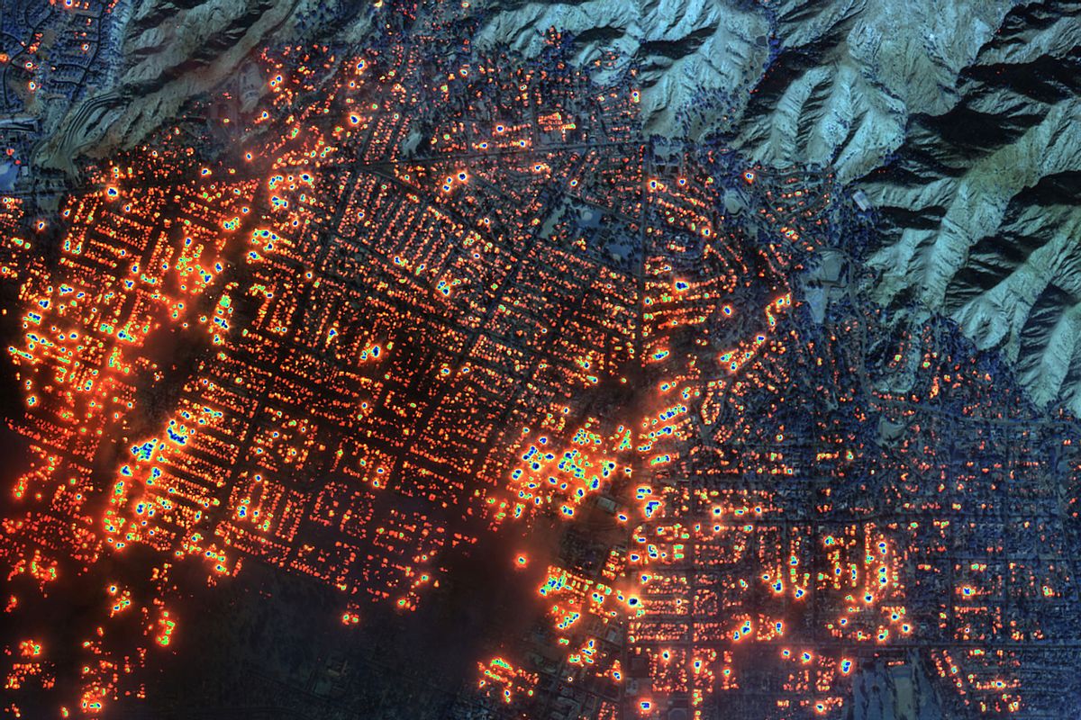 Maxar shortwave infrared closer satellite image of burning buildings on January 8, 2025 in Altadena, California. (Getty Images/Maxar Technologies)