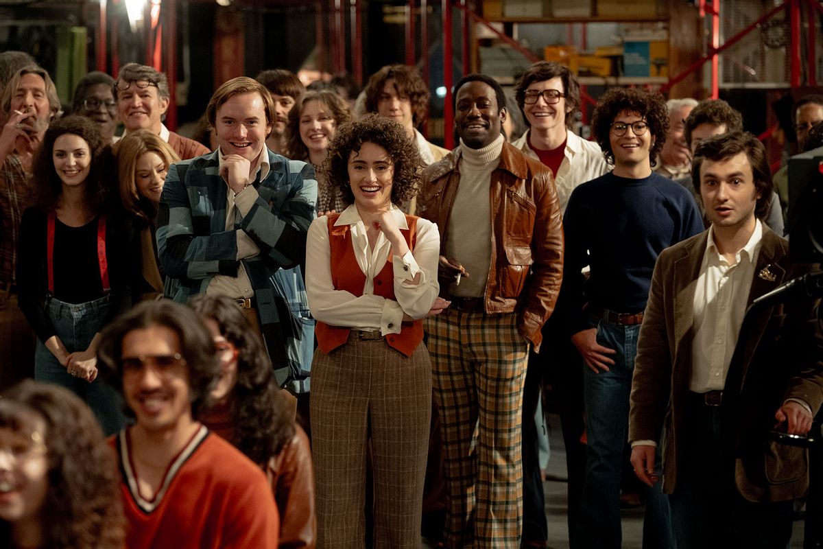 Gilda Radner (Ella Hunt), Jane Curtain (Kim Matula), Dick Ebersol (Cooper Hoffman), Rosie Shuster (Rachel Sennott), Garrett Morris (Lamorne Morris), Alan Zweibel (Josh Brener) and Lorne Michaels (Gabriel LaBelle) in "Saturday Night" (Hopper Stone/Sony Pictures Entertainment)