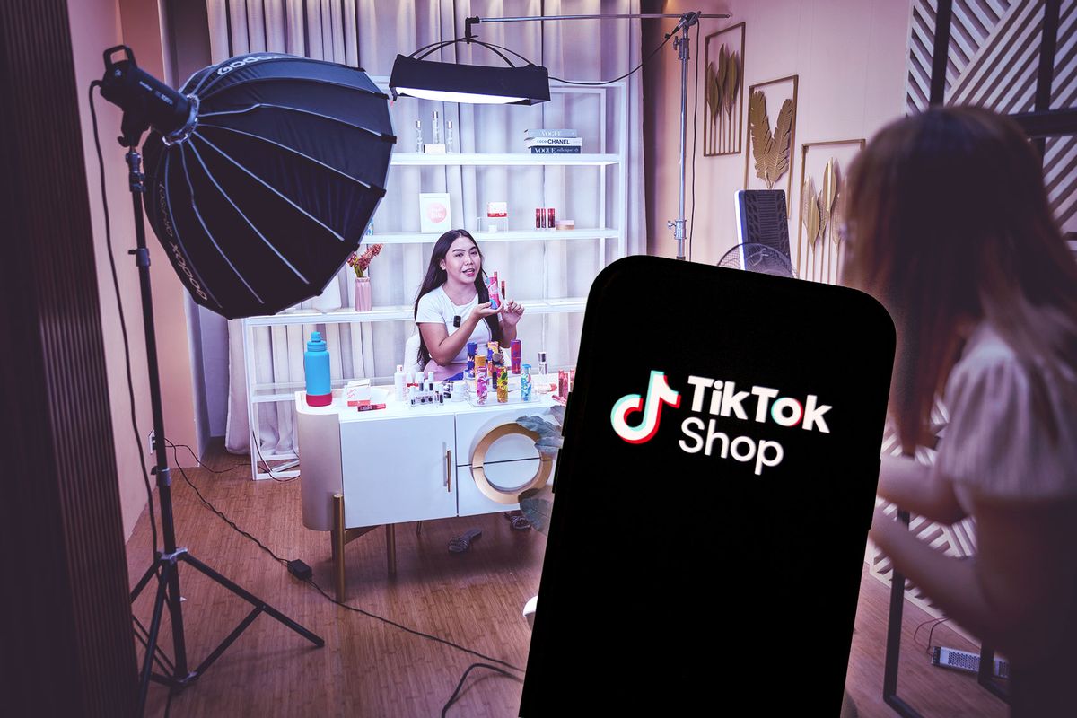 A live host promotes products for a skincare brand on a TikTok Shop livestream (Photo illustration by Salon/Getty Images)