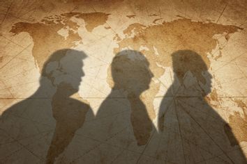 Trump Putin Jong-Un shadows silhouettes world map